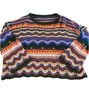 Crochet Boho Boxy Granny Sweater Festival Indie Retro Open Knit Scallop Stripe M